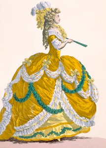 Vestido de corte para damas en seda amarilla con ribete fruncido blanco y verde, grabado por Dupin, placa no.274 de 